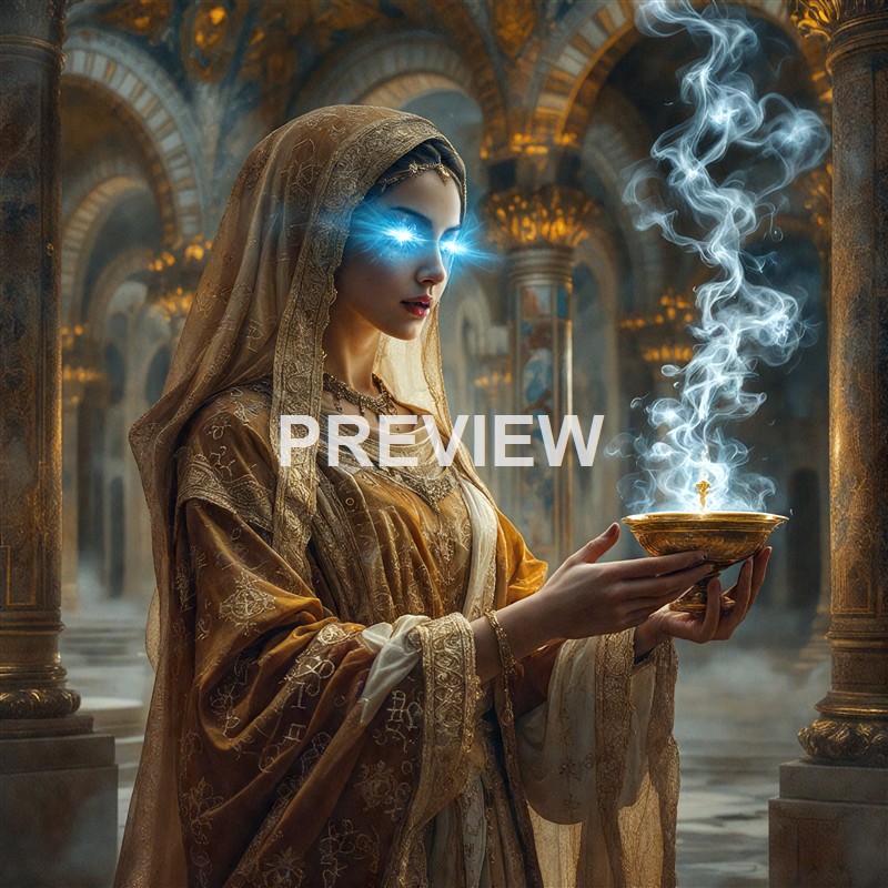 A woman dressed in ornate, gold-embroidered robes with glowing blue eyes holds a golden bowl emitting swirling smoke in a grand, intricately decorated hall with arches and columns.